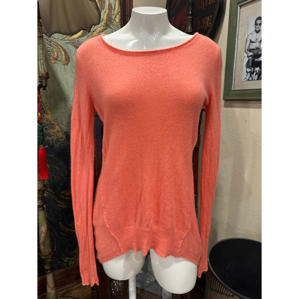 360 Cashmere Sweater, Small 100% Cashmere Coral Pink Boat Neck Exposed Seam - Picture 3 of 7